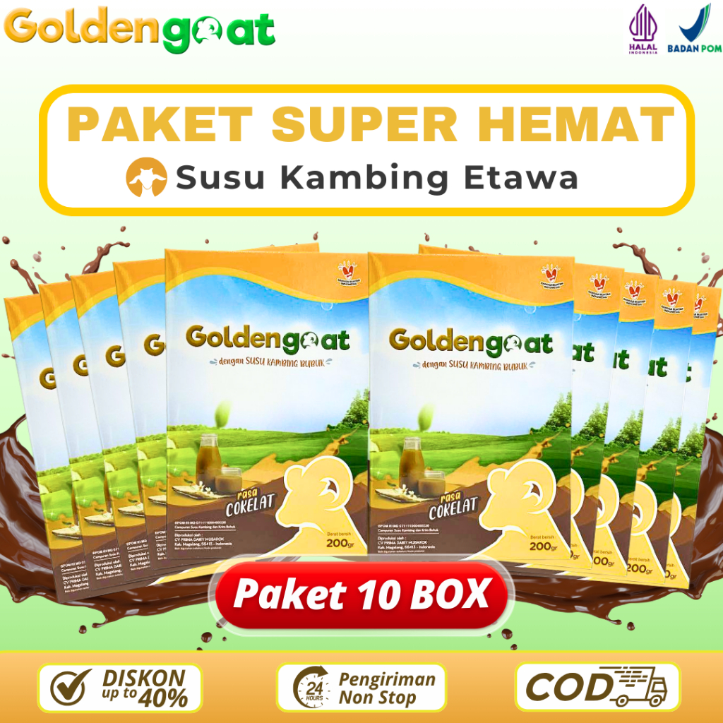 

PAKET SUPER HEMAT 10 BOX SUSU KAMBING ETAWA BUBUK GOLDENGOAT