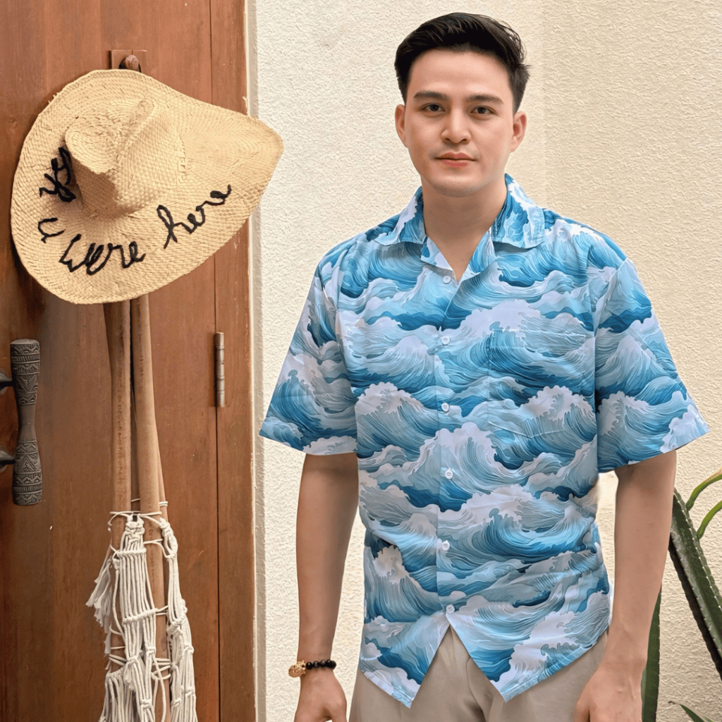 Dowear Baju Kemeja Motif Kekinian Cowok Cewek Bali Pantai Surfing Hawai Jumbo OMBAK HIJAU 169