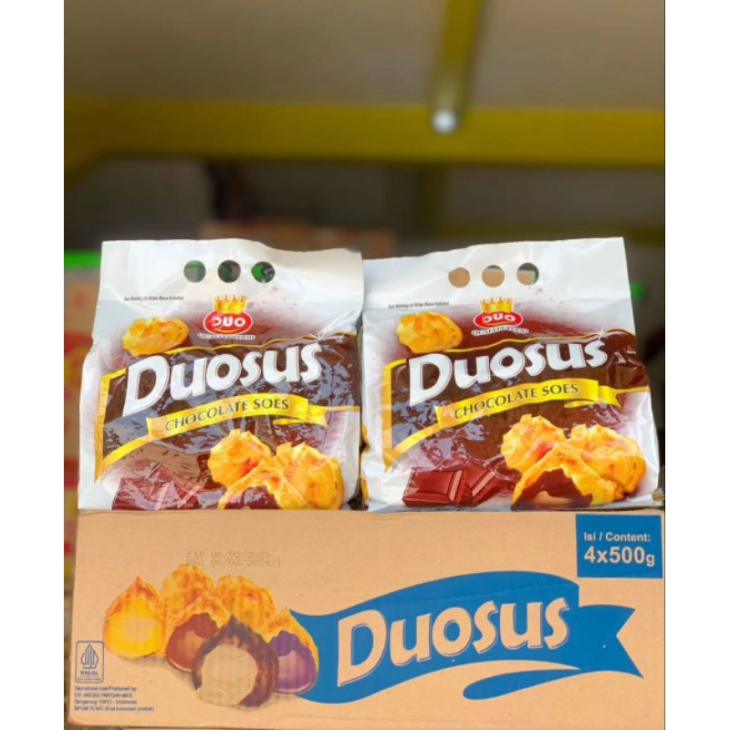 

DUO SOES COKLAT DUS ISI KEMASAN POUCH 4*500GR BERAT 1 DUS 2KG KUE SOES COKLAT