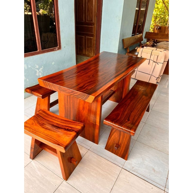 SET MEJA MAKAN TREMBESI BANGKU PANJANG / MEJA MAKAN KAYU UTUH / MEJA CAFE / MEJA RESTO