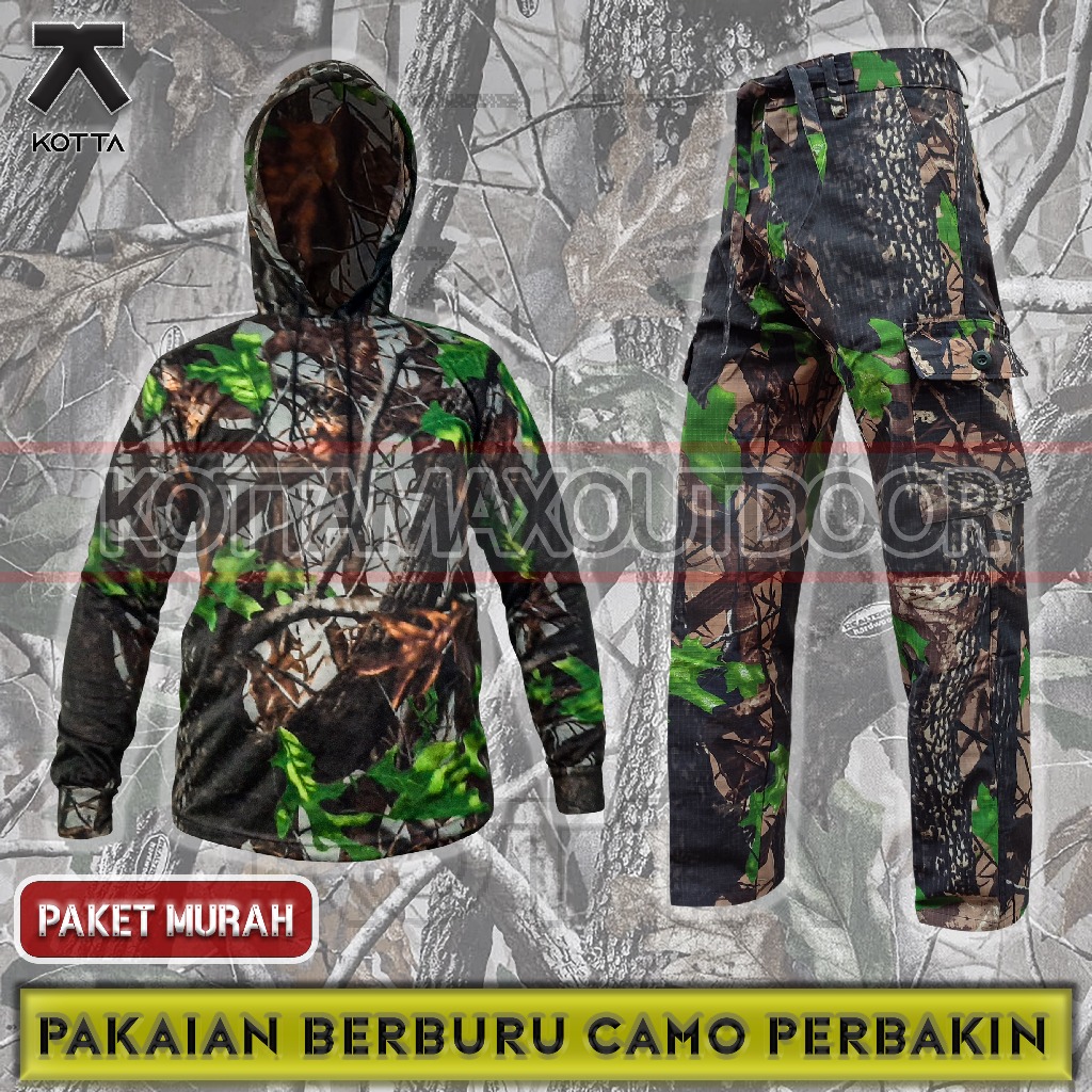 Satu Set Setelan Pakaian Berburu Baju Kaos Lengan Panjang Celana Kamuflase Ranting Camo Perbakin Hun