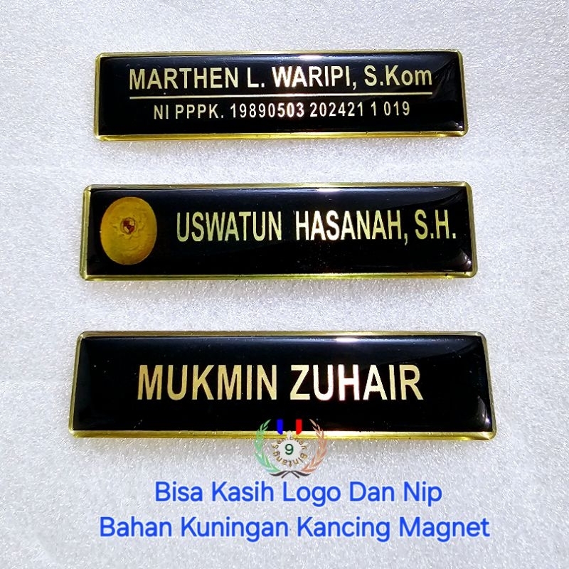 

Papan Nama Dada Kuningan Magnet Murah Lapisan Coating Resin Plus Pin Korpri Kuningan