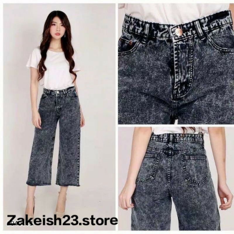 CELANA JEANS KULOT WANITA RAWIS SNOW BLACK CELANA JINS DENIM HIGH WAIST ACID MURAH.....