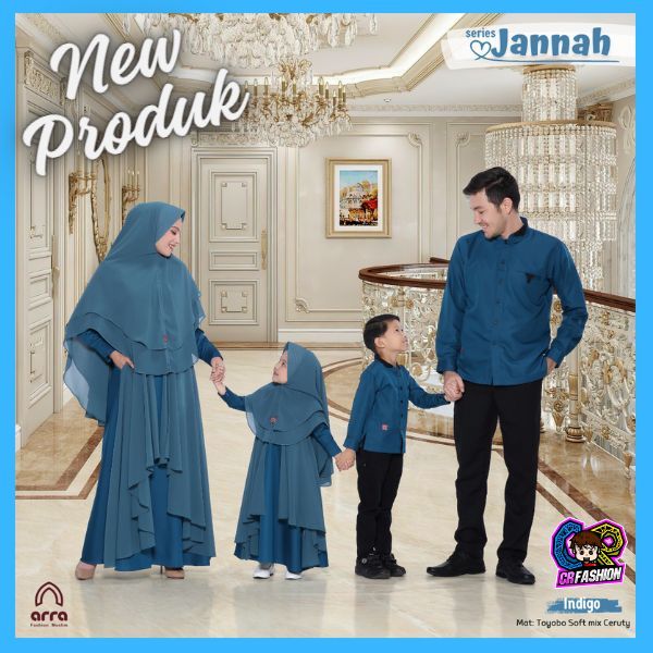 Baju Sarimbit Keluarga Lebaran Jannah Indigo Koko Gamis Kerudung Couple Kapel Kapelan Pasangan Dewas