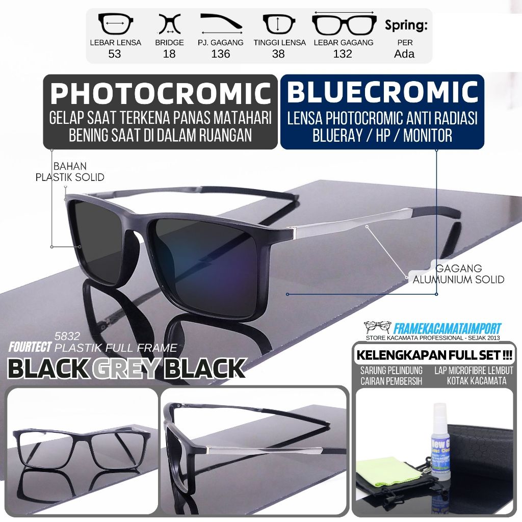 Kacamata Photocromic Bluecromic Pria Kotak Kasual Sporty Plastik Gagang Besi
