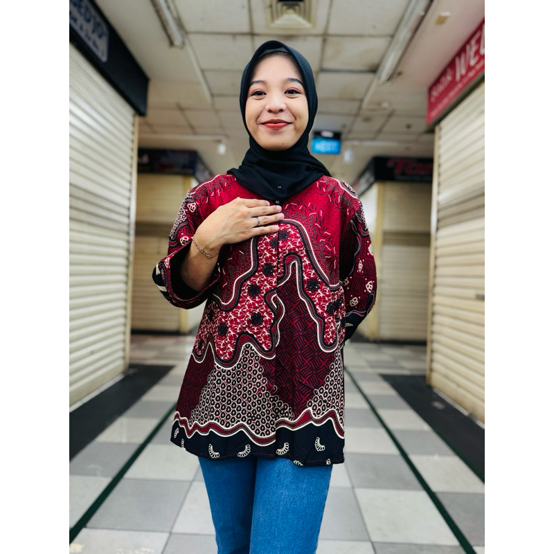 blus batik wanita  qistina lapis trikot merah marun