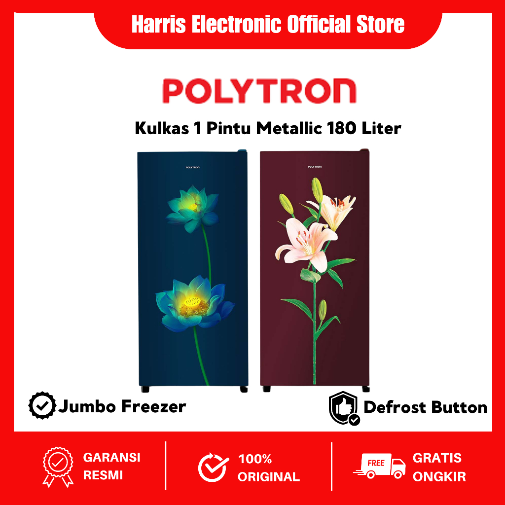 POLYTRON Kulkas 1 Pintu Metallic 180 Liter PRB 187PR/187LB/ PRB 187TY