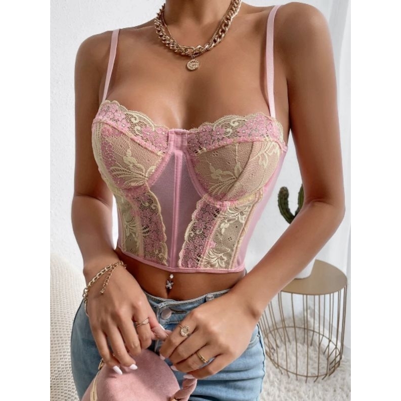 PINKY BUSTIER Atasan Tanktop Croptop Bunga Senza Secret Corset Transparant Hot Lace Renda Sexy Cewe