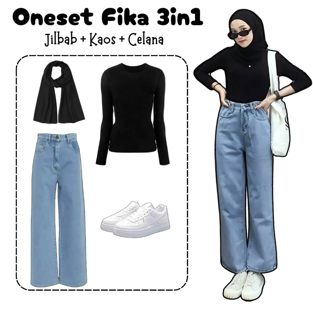 One Set 3in1 Kaos Rib Hitam Celana Highwaist Kulot Jeans Snow Acid Hijab Pashmina Ceruty Hitam | oot