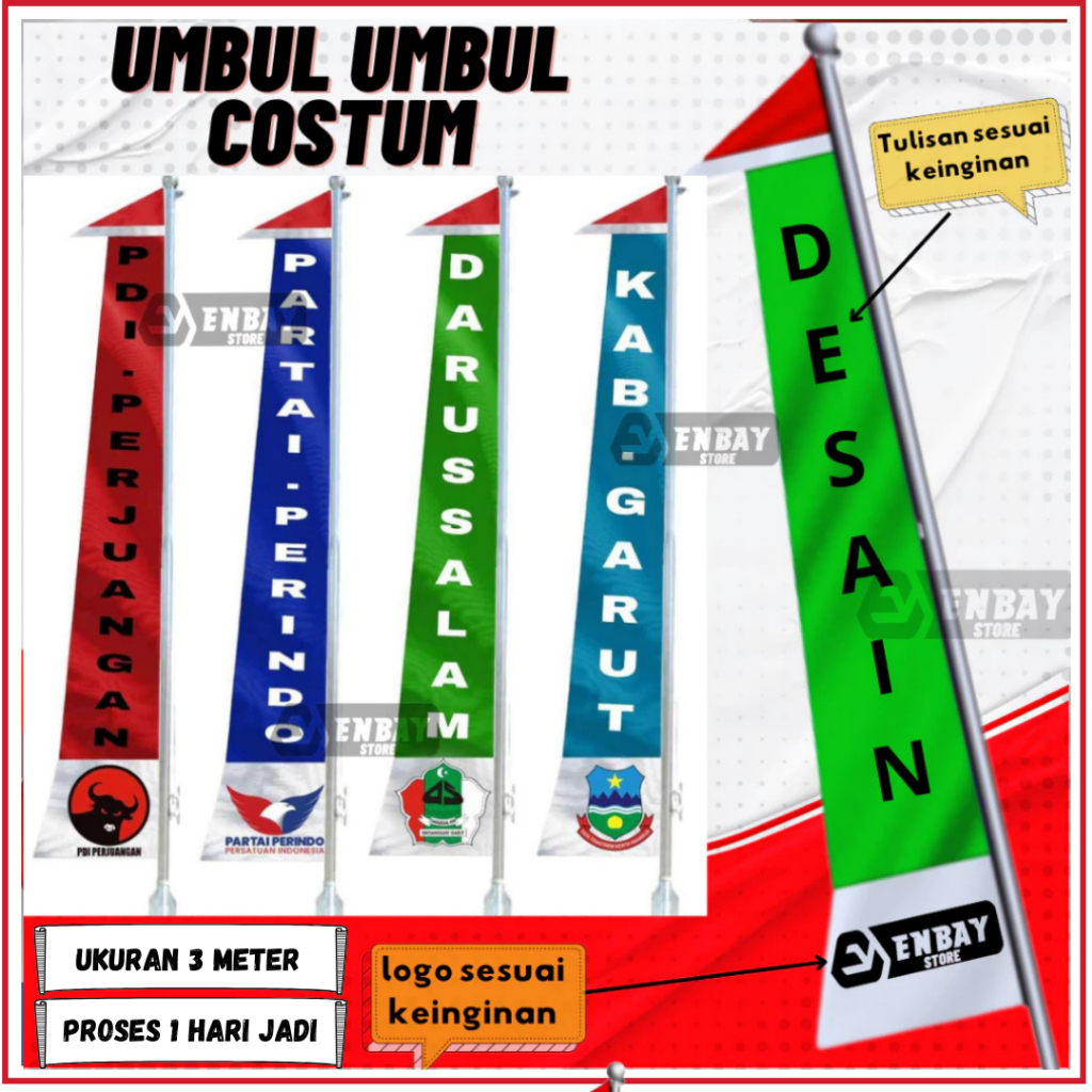 BENDERA UMBUL UMBUL CUSTOM 3 METER TAMBAH LOGO & TULISAN | DESAIN BEBAS