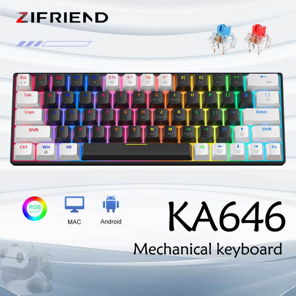 ZIFRIEND KA646 Multi color Backlit Mechanical Keyboard 63 Key Wired Hot Plug 60% PC Gaming
