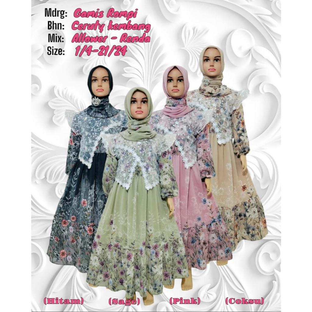 Gamis Anak Perempuan Usia 3-12 Tahun | Gamis Ceruty Bunga Kembang Mix Rompi Cardigan Brukat Babydoll