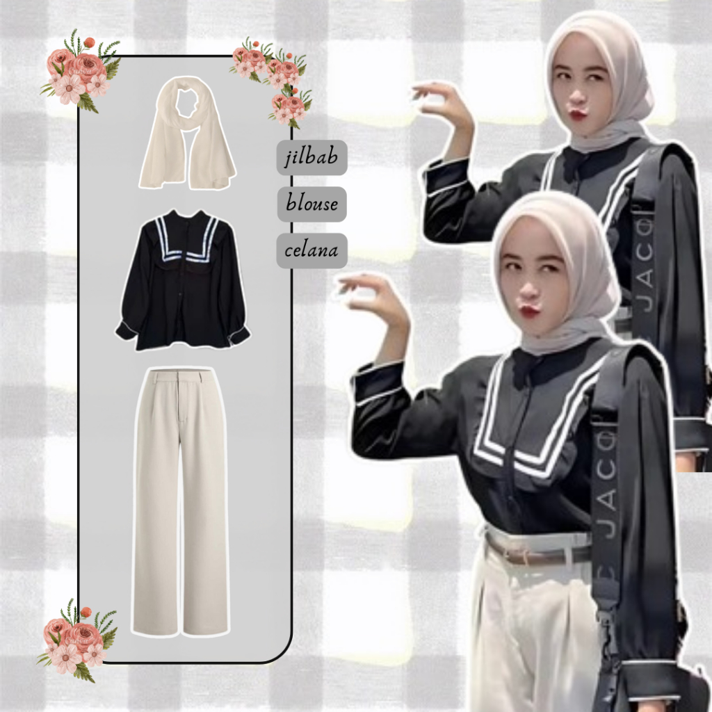 Tiera Set Outfit Hijab Kekinian ( Blouse + Celana Kulot + Jilbab ) Setelan OOTD Remaja Korean Style