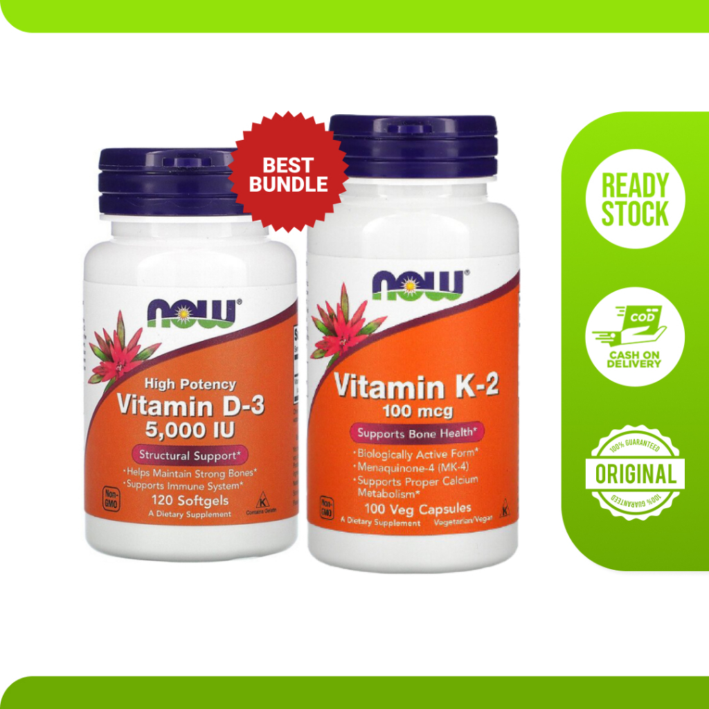Suplemen Vitamin Now D3 5000 iu 120 Softgels + K2 100 mcg 100 Vcaps - Tulang Sendi Imun Jantung Peny