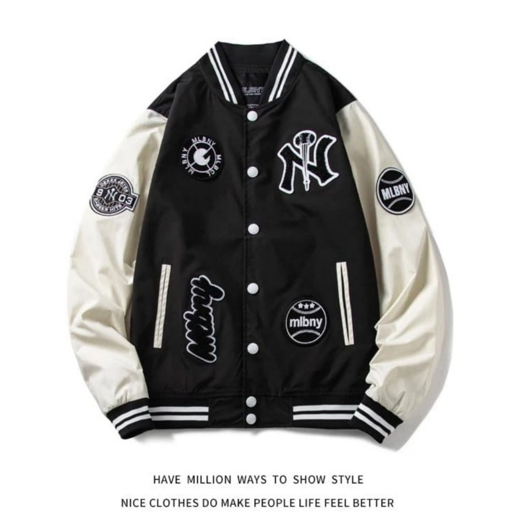 Jaket vintage varsity baseball MLB Ny korean style unisex pria dan wanita fleece tebal premium