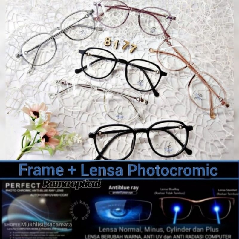 Frame Kacamata Paket Lensa Photocromic 8177 | Kacamata Minus| Kacamata Antiradiasi