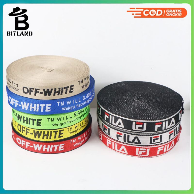 

BITLAND Pita Webing Polyster 2 Varian Strip OFF WHITE AND FILA Per Roll Aksesoris Tas Dekorasi Kerajinan.