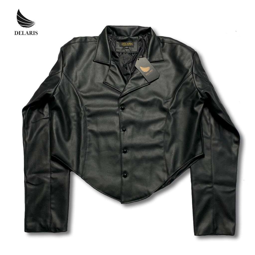 Delaris Jaket Wanita Blazer PU Leather Jacket Shirt Black