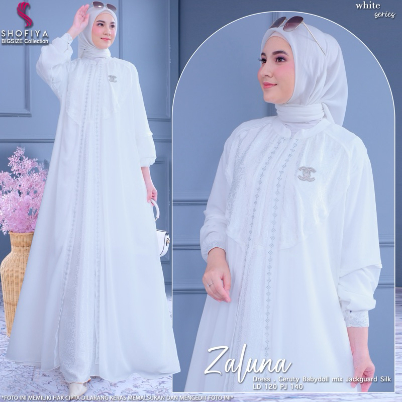 COD= NO CANCEL• Ld 120 Zaluna by Shofiya Big Size• Gamis Putih Ceruty Kombinasi