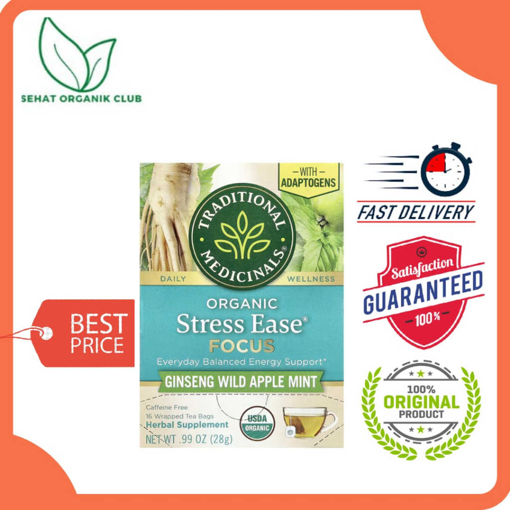 

Traditional Medicinals Organic Stress Ease Focus Ginseng Wild Apple Mint Caffeine Free 16 Wrapped Tea Bags 28 g