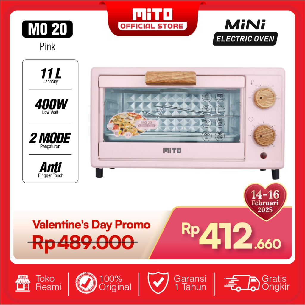 MITO Oven Listrik Mini MO20 11L Wood Pemanggang Kue - Pink