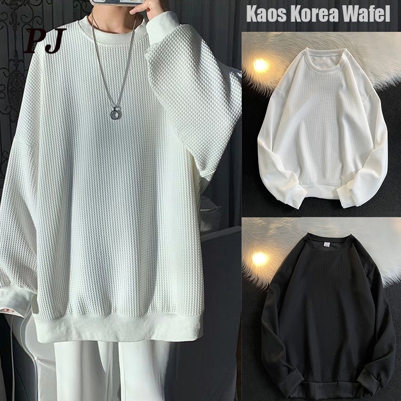 Atasan Lengan Panjang Korea T Shirt Pria Lengan Panjang Oversize  Kaos Wafel Kaos Putih Polos Lengan