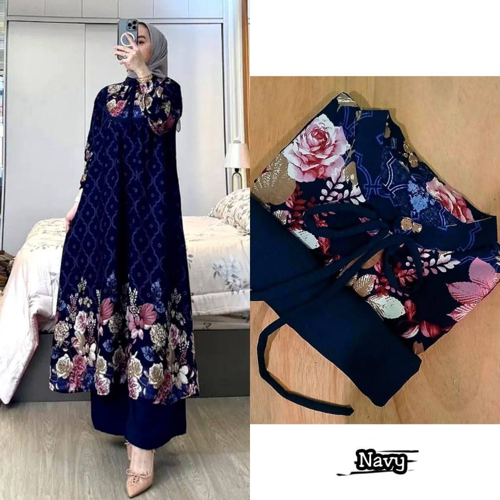 DRESS GAMIS NAGITA SET LONG TUNIK LENGAN PANJANG MOTIF BUNGA PREMIUM