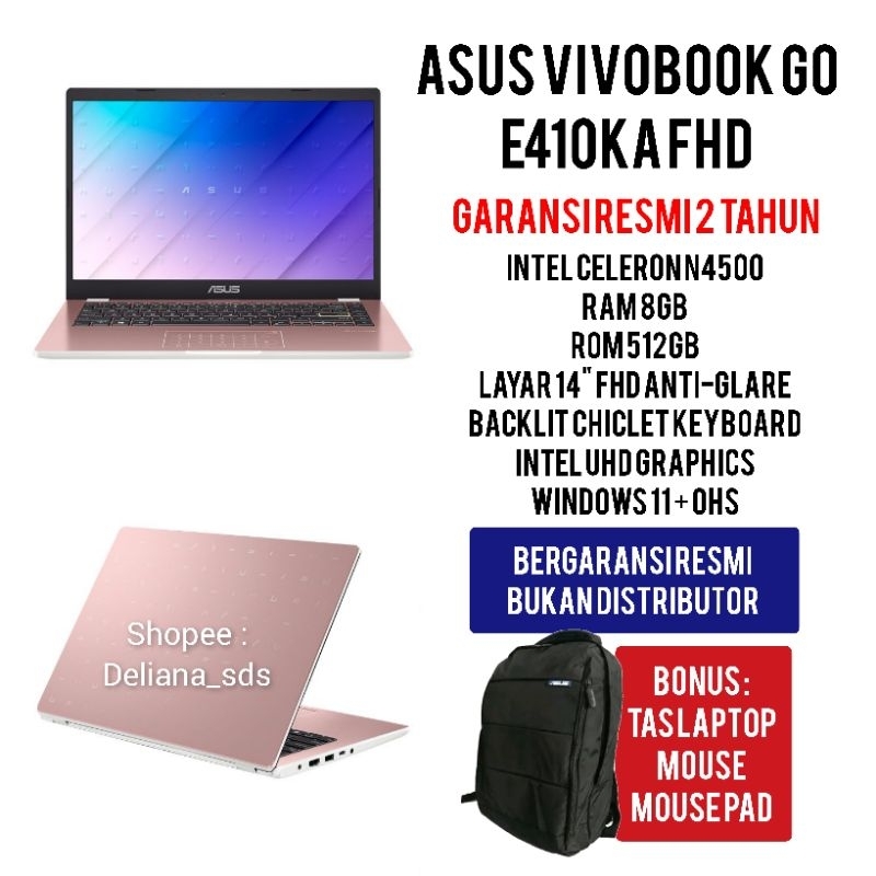 Laptop Asus Vivobook E410KA-FHD Pink Intel Celeron N4500 8GB/512GB SSD 14" FHD Garansi Resmi 2 Tahun