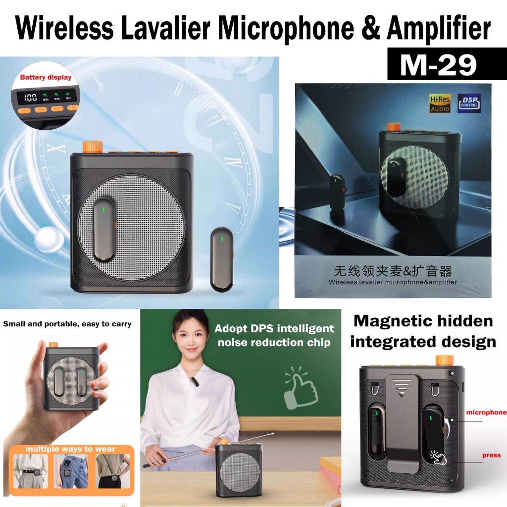 Clip On Bluetooth Multifungsi Speaker Clip On Mic / Wireless Lavalier Microphone & Amplifier M-29