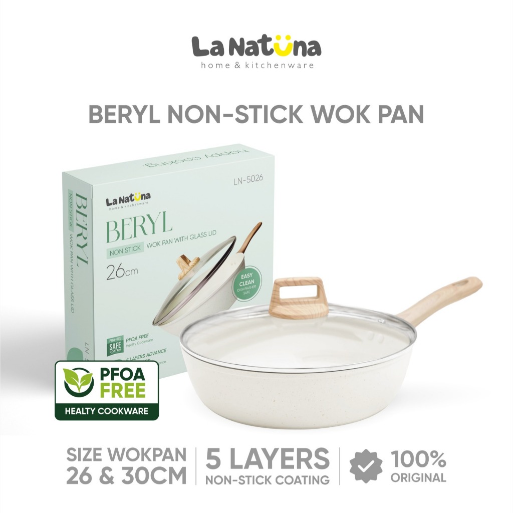 LA NATUNA Beryl Series Wok Pan 26 30 cm White Marble Non Stick Panci Wajan Anti Lengket