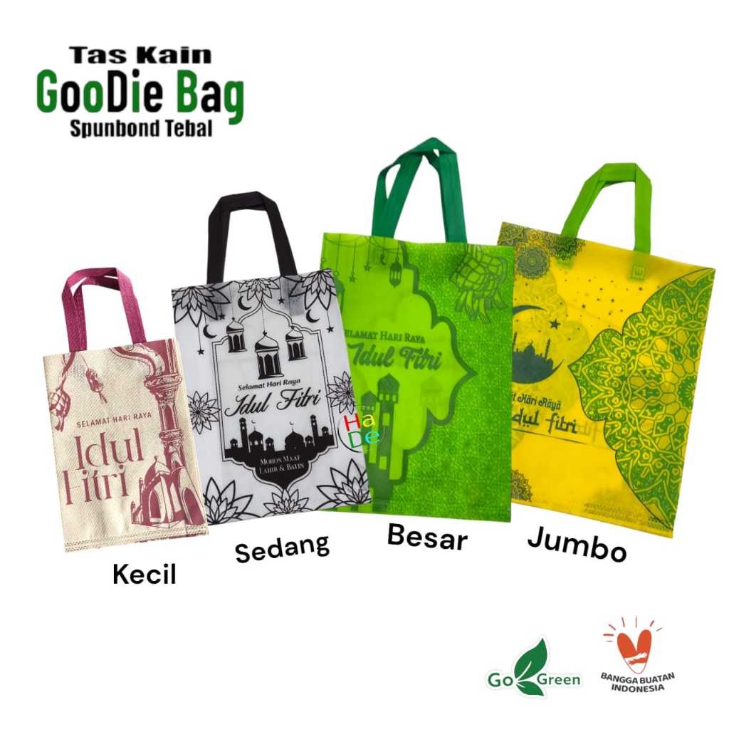 

Tas Kain Spunbond Goodie Bag Kustom Sablon Tulisan Selamat Hari Raya Idul Fitri 2025 Untuk Kantong Bingkisan Parcel Sembako / Shopping bag lipat, Hantaran Toples Kue Kering Nastar Hampers Dus Mika Paper bag Nasi Kotak souvenir Mukena sejadah ramadhan