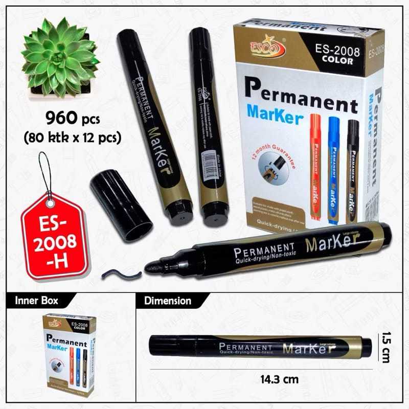 

12 PCS SPIDOL ESCO PERMANENT MARKER Hitam Original TERMURAH (isi 12)