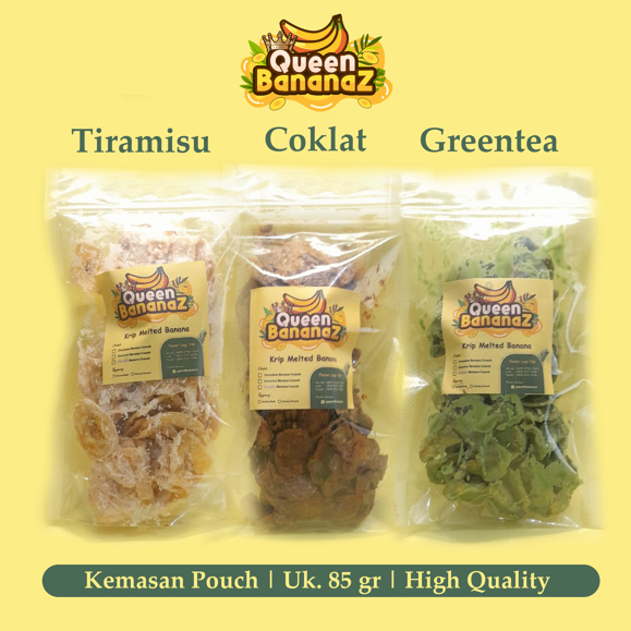 

Kripik Pisang Varian Rasa Queen Bananaz | Coklat Greentea Tiramisu | Pouch Berati isi 85gr