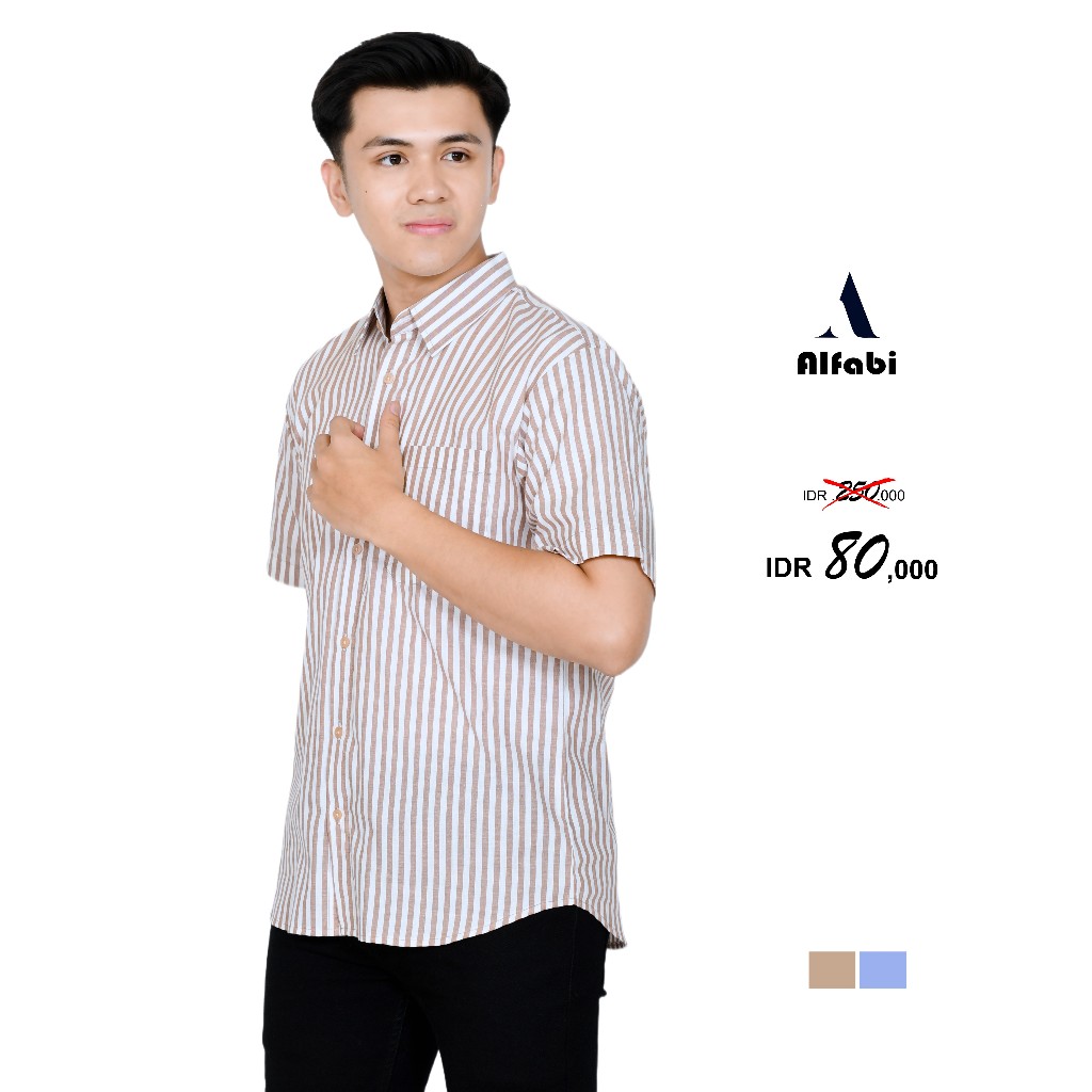 Kemeja Pria Salur Lengan Pendek Hem Stripe Cowok Keren Kekinian