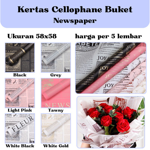

[5 LEMBAR] Kertas Cellophane Buket Bunga (Newspaper / Koran) Flower Wrapping Paper Celophane / Chellophane Murah untuk Snack Uang