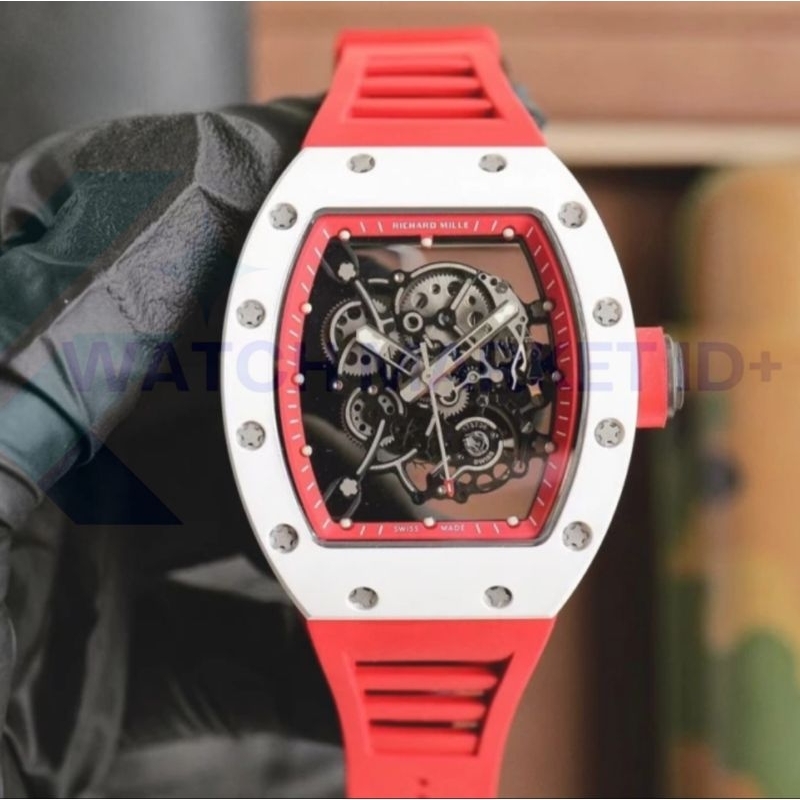 jam tangan rm055 Tourbilon skeleton dial rubber red strap