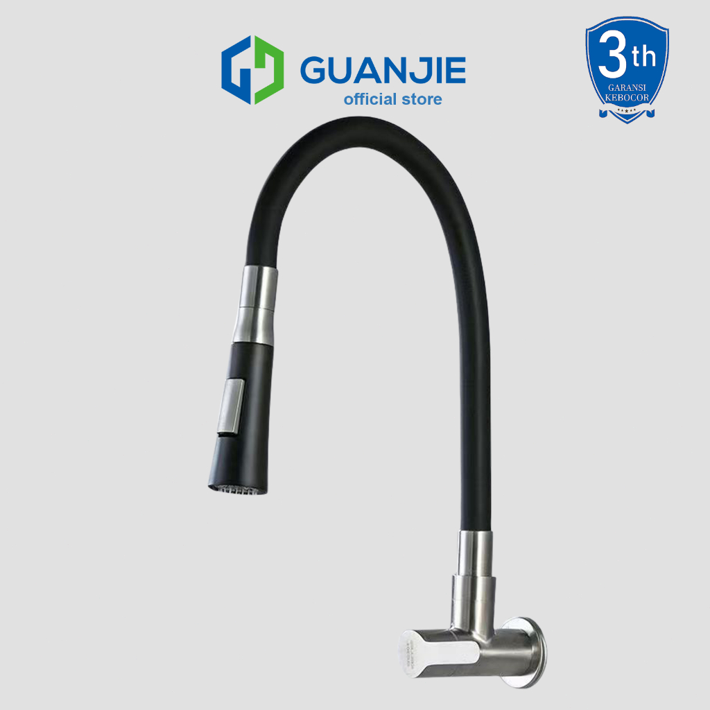 GUANJIE - SUS304 Kran Angsa Fleksibel Kran Cuci Piring Hitam Kran Cuci Piring Dinding Anti Karat Pro