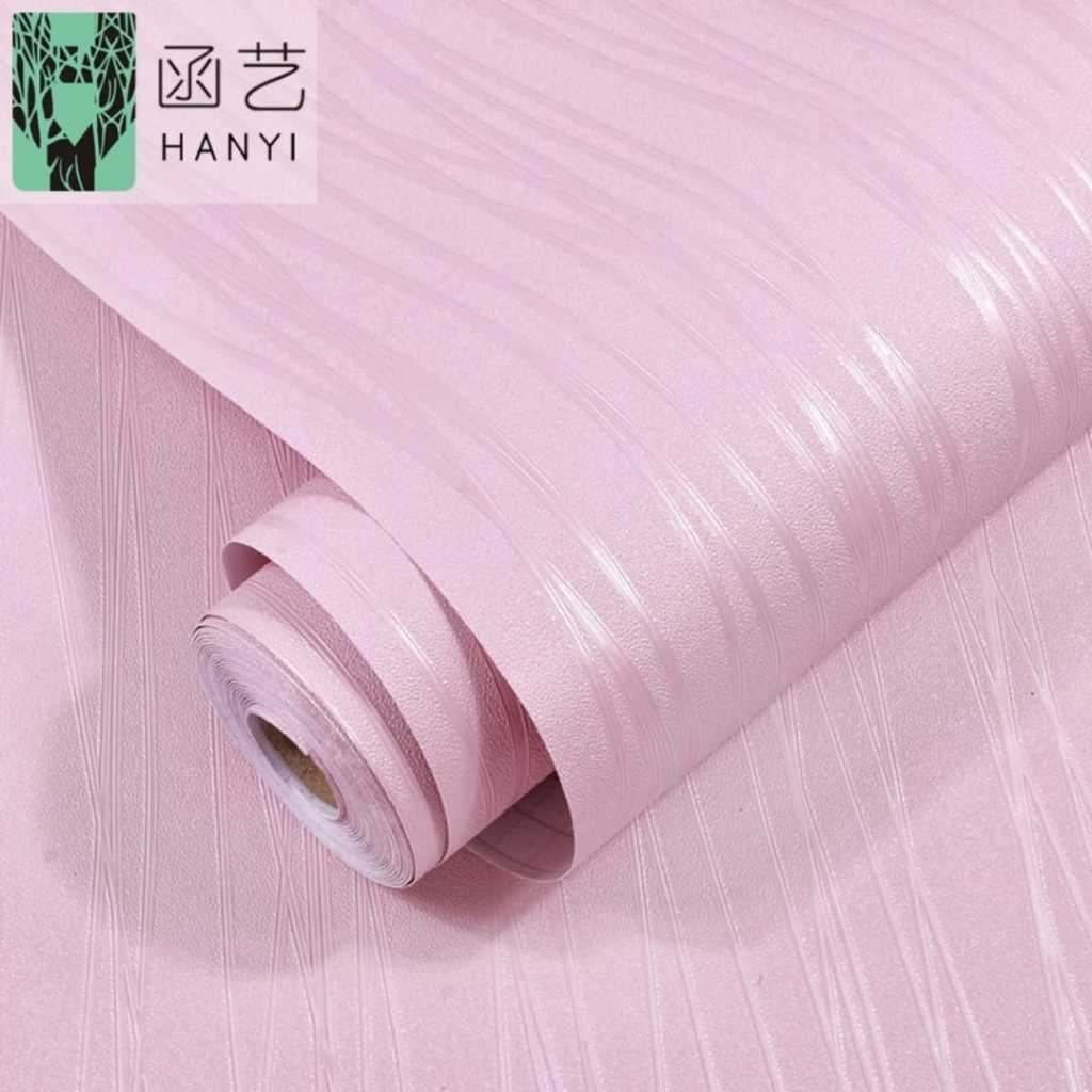WALLPAPER DINDING RUANGAN STIKER DEKORASI KAMAR PVC MOTIF POLOS PINK SALUR UKURAN 45CMX8M