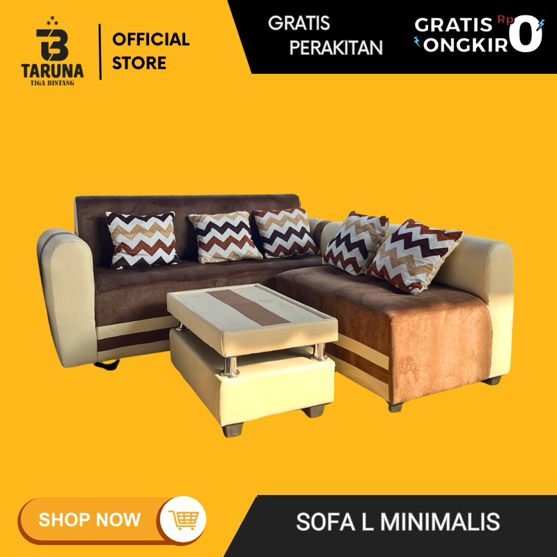 SOFA L MINIMALIS COKLAT CREAM KURSI TAMU MINIMALIS TERMURAH GRATIS ONGKIR