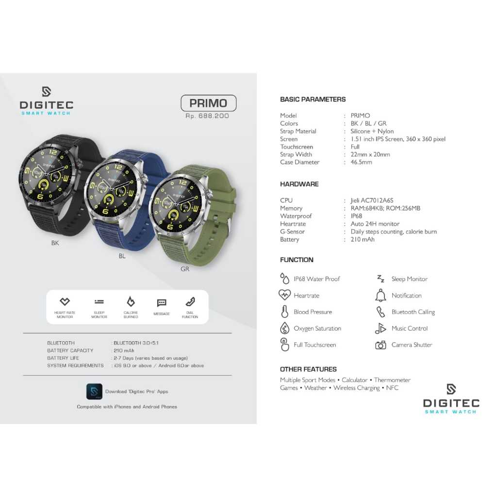 JAM TANGAN DIGITEC SMARTWATCH PRIMO / DIGITEC PRIMO ORIGINAL SMARTWATCH PINTAR
