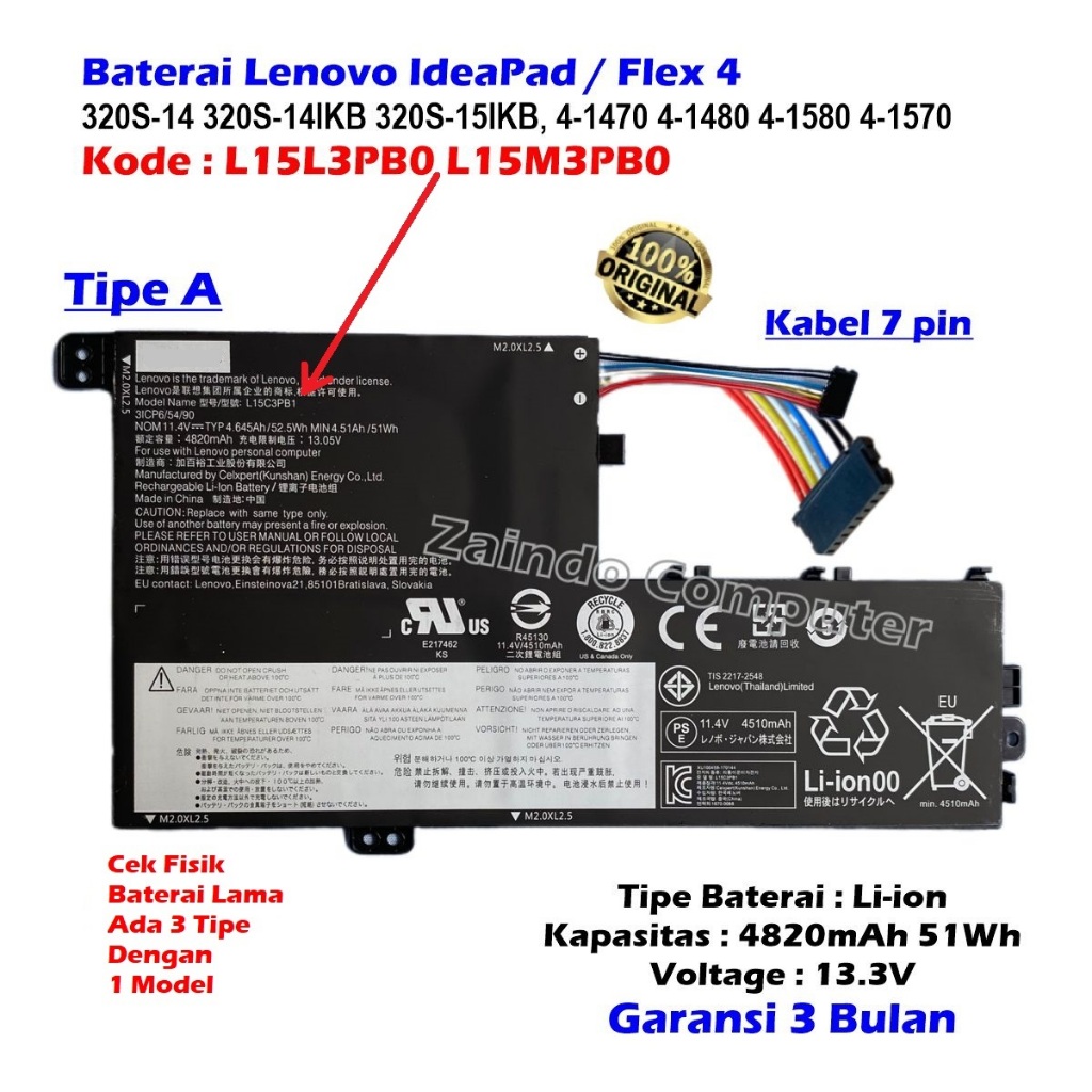 BATERAI LENOVO IDEAPAD  L15L3PB0 L15M3PB0 500S 500S-14 500S-14ISK 500S-14IKB 500S-15 500S-15ISK 500S