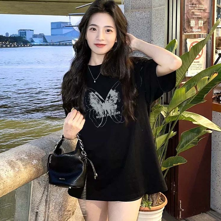 Harga TERMURAAH 1 Katun Graphic Tee Baju Wanita Cetakan KupuKupu Atasan Wanita Oversize Kaos Hitam T