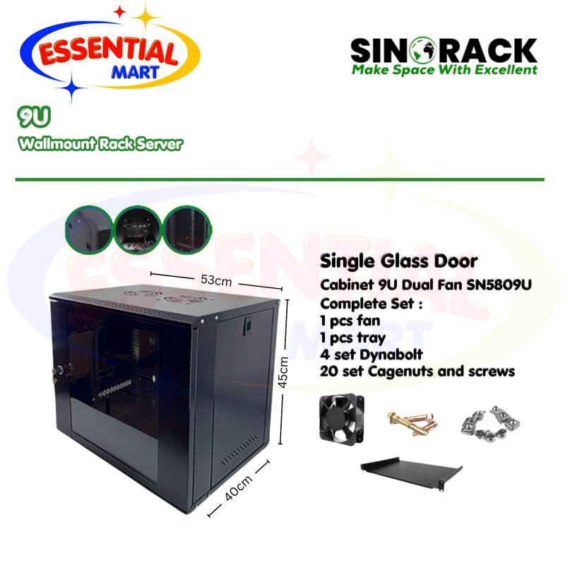 Sinorack Wall Mounted / Rak Server 9U Dual Fan (530X400X450mm)
