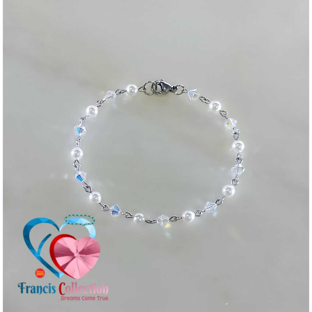 Francis Collection. G P01. Gelang Kristal Swarovski Bicone 4mm dipadu Mutiara Swarovski 4mm