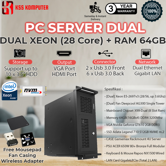 PC SERVER DUAL Processor XEON E5, RAM 64GB, NVME 512GB, Tower Server Case