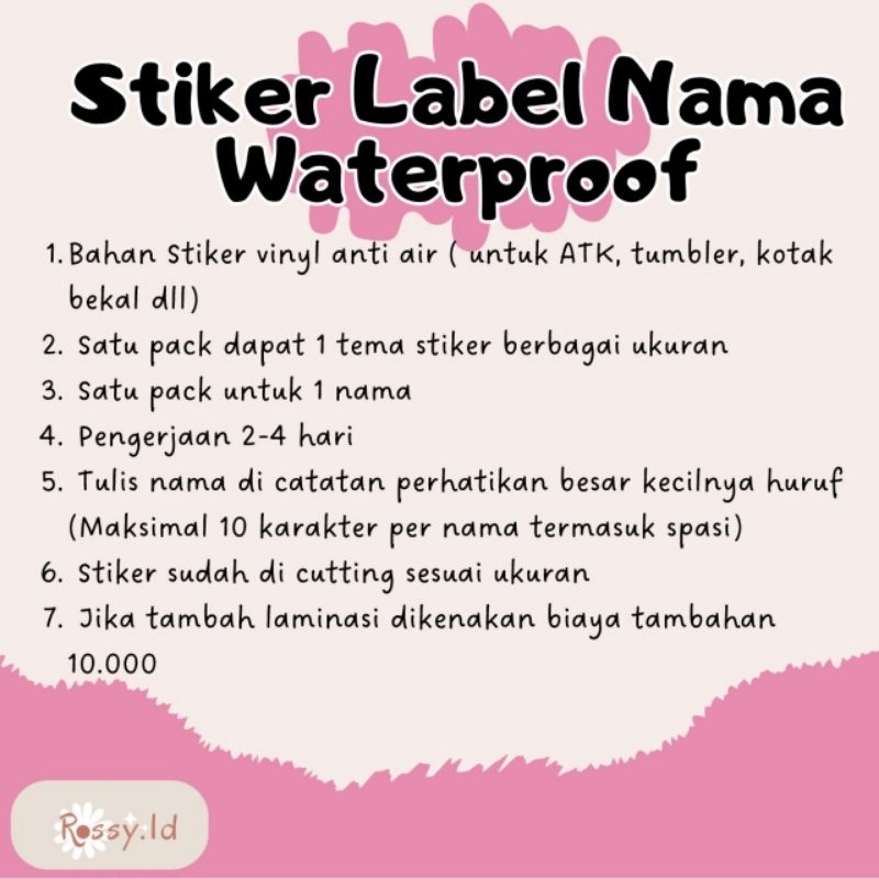 

Stiker label nama anti air - Stiker nama waterproof - Stiker nama anti air - Laminasi Glossy
