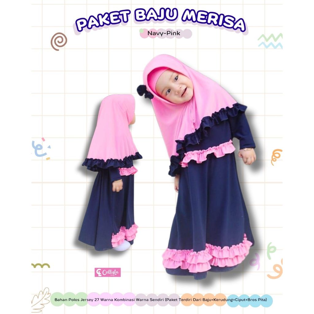 Paket Baju Merisa Jersey Baju Muslim baju, kerudung, bros dan ciput baju anak
