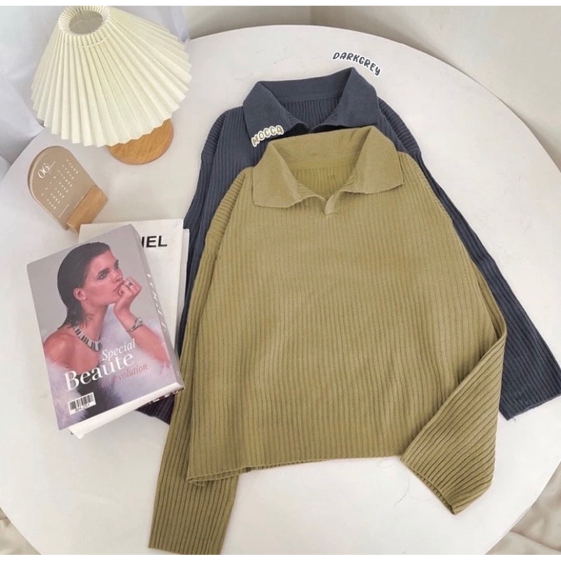 Collar crop//Polo Knit Crop //Atasan rajut Wanita Berkerah Polo