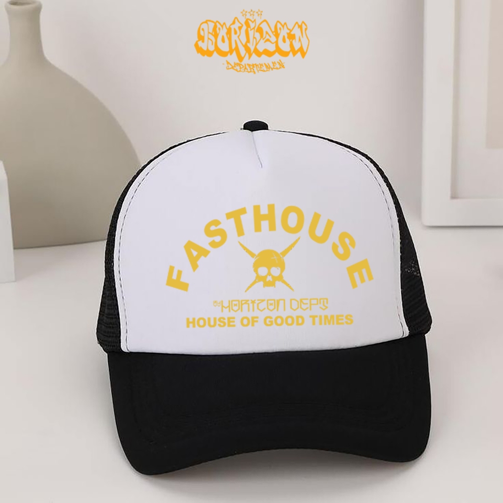 Horizon.dept_Topi Snapback Trucker Jaring Putih Hitam Fasthouse bahan premium rusty gold cap tali le