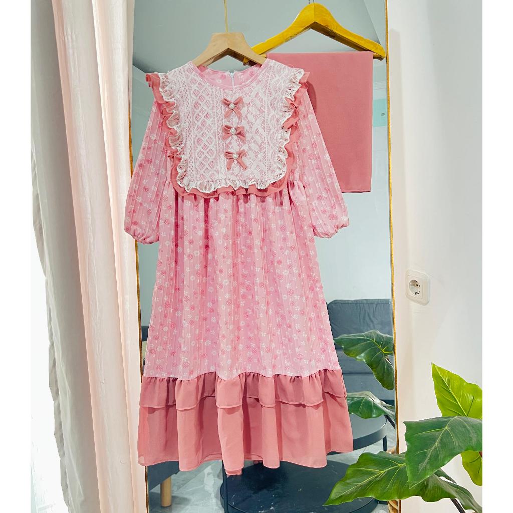 Gamis Kimora rompi pita brukat baju muslim anak perempuan 2025